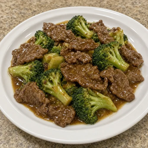 Beef with broccoli in a savoury brown sauce from Asian Buffet, Calgary