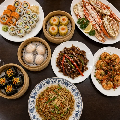 Spread of sushi, dim sum, crab legs, beef and noodles at Asian Buffet, Calgary