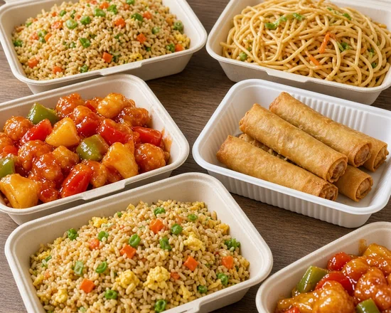Chinese takeout dishes in containers for a family dinner from Asian Buffet, Calgary