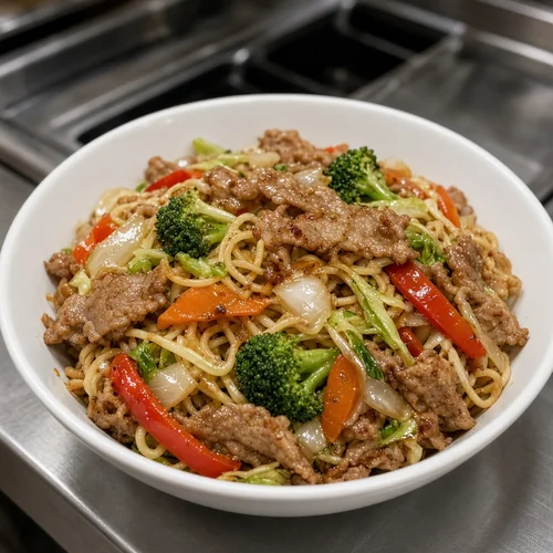 Bowl of Mongolian grill noodles with beef and vegetables at Asian Buffet, Calgary