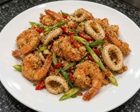 Salt and pepper mixed seafood with shrimp and squid from Asian Buffet, Calgary