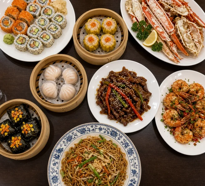 Spread of sushi, dim sum, crab legs, beef and noodles at Asian Buffet, Calgary