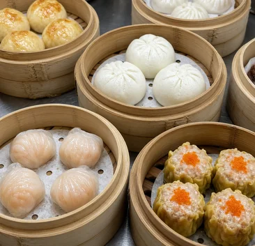 Dim sum in bamboo steamers at Asian Buffet in Calgary