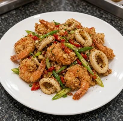 Salt and pepper mixed seafood with shrimp and squid from Asian Buffet, Calgary