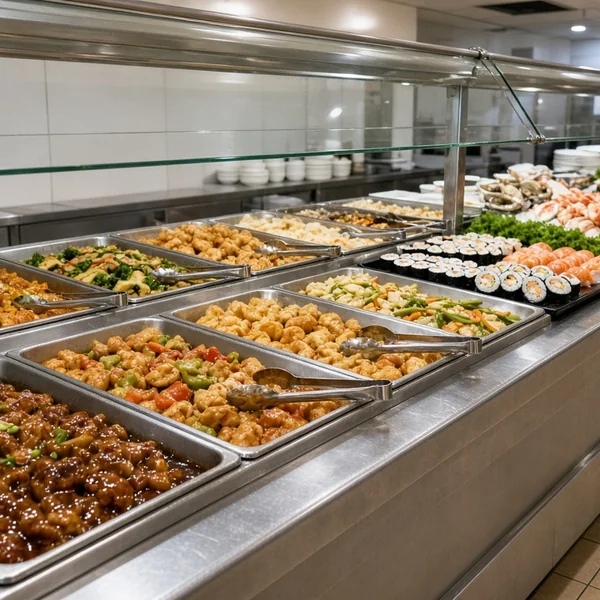 Buffet counter with trays of hot Chinese dishes at Asian Buffet, Calgary