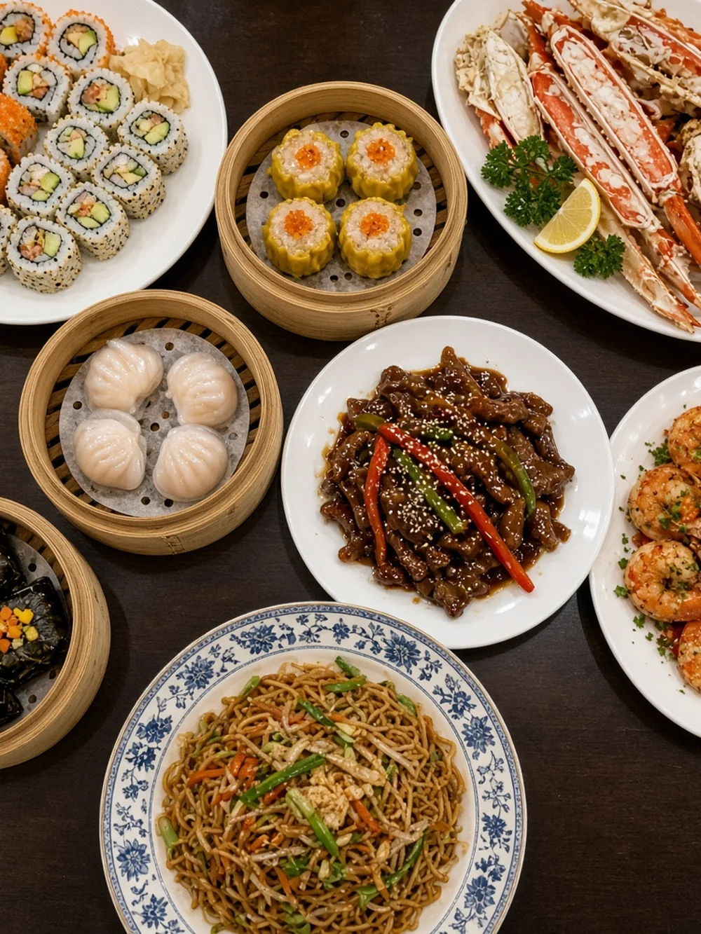 Spread of sushi, dim sum, crab legs, beef and noodles at Asian Buffet, Calgary